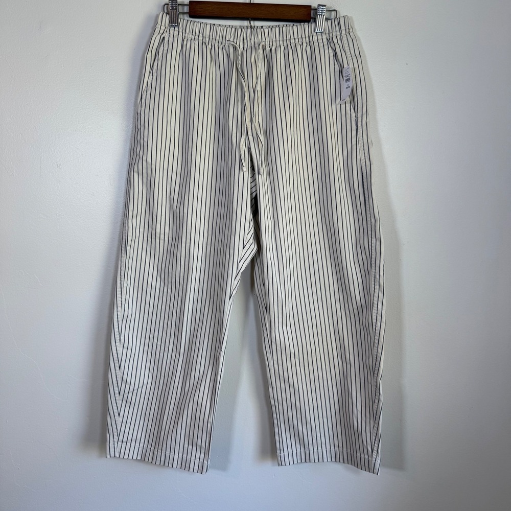 NWT Gap Striped Barrel Leg Elastic Waist Cotton Pants Size S Petite Cream Navy